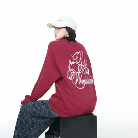 YEP美式复古印花圆领红色卫衣外套女春秋新款宽松慵懒风套头上衣图片