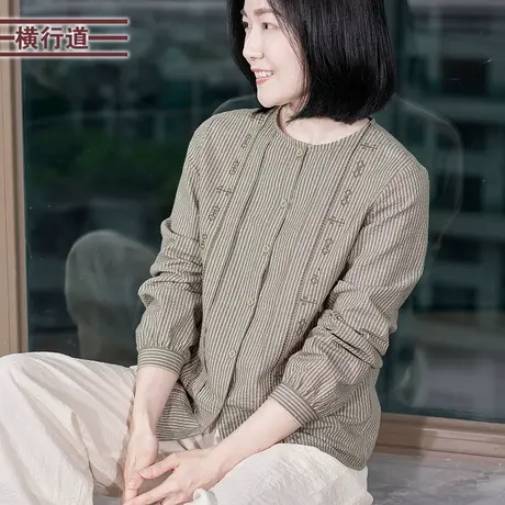 条纹刺绣圆领衬衫韩式女装开衫小外套纯棉宽松长袖上衣服秋季衬衣商品大图