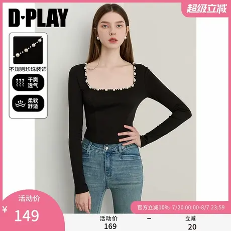 DPLAY【珠光星辰系列】2025秋季新款黑色t恤女珍珠设计长袖上衣商品大图