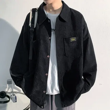 灯芯绒夹克男春秋季休闲衬衫领上衣服男生帅气夏装排扣棒球服外套图片