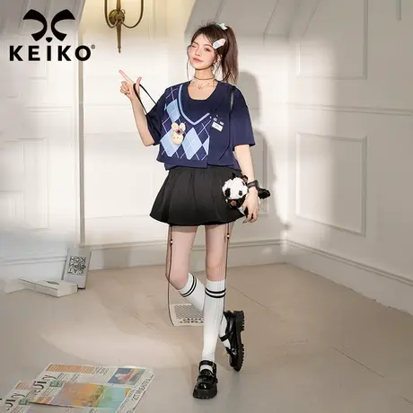 KEIKO 日系学院风短袖上衣女2023夏季新款设计感小众甜妹拼色t恤图片
