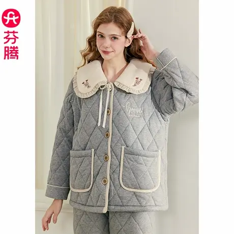 芬腾女士冬季珊瑚绒睡衣三层加厚夹棉袄套装抗静电休闲加绒家居服商品大图