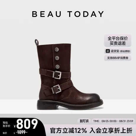 BeauToday中筒靴女2025新款秋冬季西部牛仔靴复古美拉德骑士靴女图片