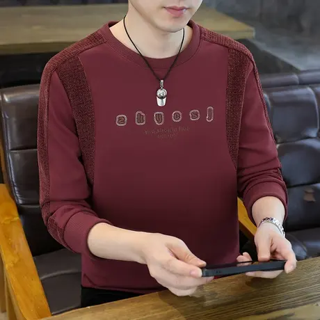 青年潮流卫衣男时尚休闲潮牌拼接色刺绣印花圆领长袖T恤秋季新款图片