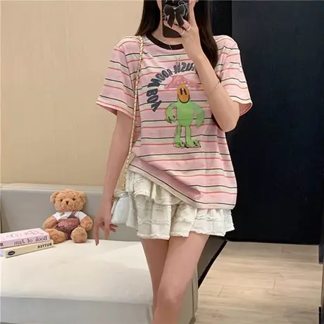 卡通撞色条纹短袖t恤女2025新款夏季美式复古设计感宽松减龄上衣图片