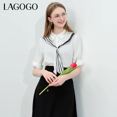 LAGOGO减龄气质条纹拼接衬衫女拉谷谷春夏新款法式文艺风白色上衣商品大图