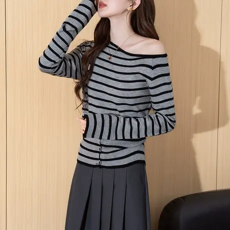 唐狮秋冬毛衣女外穿经典条纹套头毛线衫时尚韩版针织衫女装潮tu商品大图