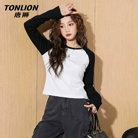 唐狮官方黑色插肩长袖t恤女春秋款2026新款女士修身显瘦上衣女VB商品大图