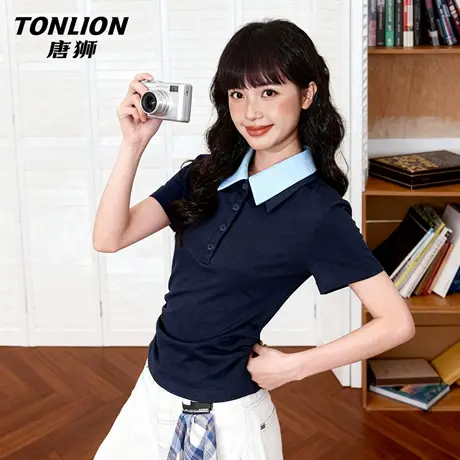 唐狮官方假两件短袖t恤女2026新款夏季女士修身显瘦polo领上衣VB图片