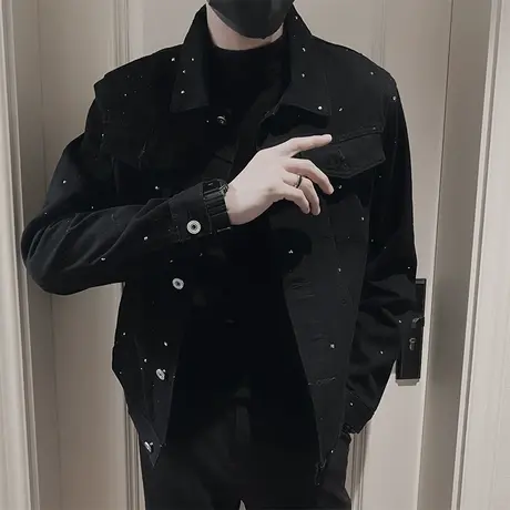 牛仔外套男秋季网红重工烫钻满天星个性痞帅潮男机车短款翻领夹克商品大图