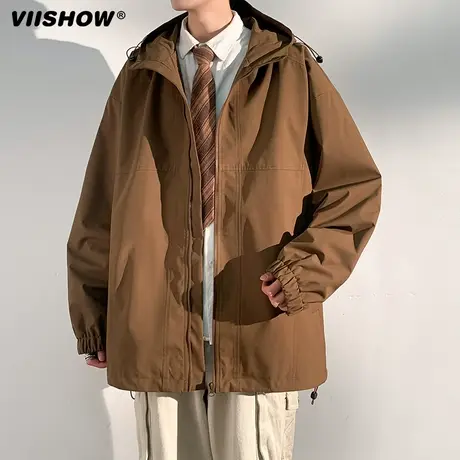 VIISHOW冲锋夹克男士2023年秋季潮流防风工装夹克纯色连帽外套男商品大图