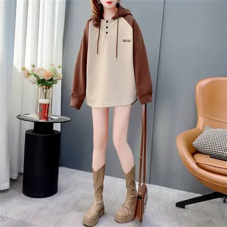 设计感拼色插肩袖连帽卫衣女加绒加厚2022年新款秋冬宽松长袖上衣商品大图