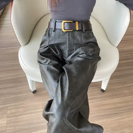 黑色阔腿皮裤女秋冬新款复古高级感pu皮宽松显瘦垂坠直筒拖地长裤商品大图
