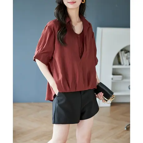 宝诗黎翻领假两件纯色上衣女新款2023夏季五分袖套头衬衫时尚宽松商品大图