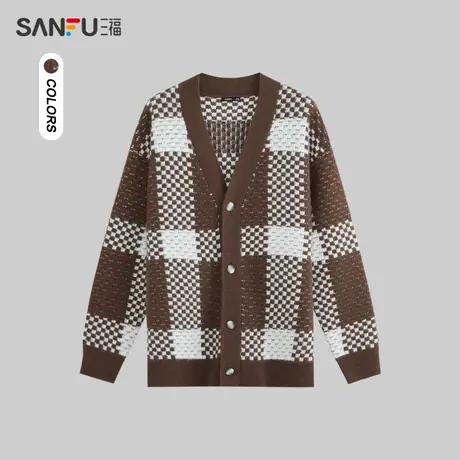 三福2023冬男士经典小香风廓形开衫毛衣 宽松格子外套男477972图片