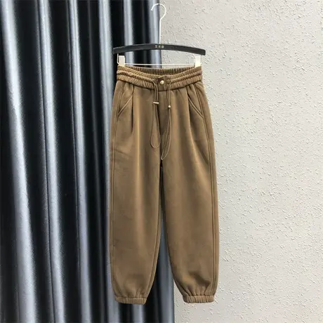 假口袋束脚哈伦裤女2023秋冬新款咖啡色休闲百搭加绒保暖九分卫裤商品大图