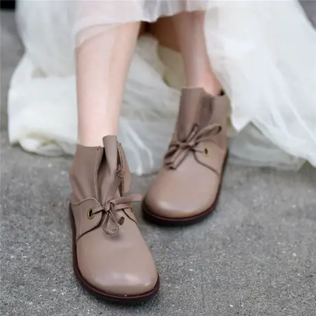 Artmu阿木【断码清仓】复古荷叶边舒适软底单靴平底短靴真皮女靴商品大图