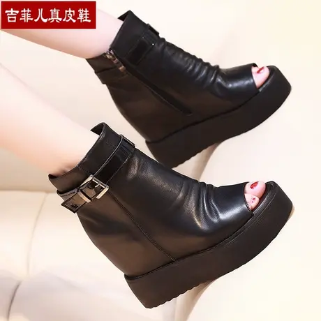 秋季鱼嘴靴子女2023新款厚底内增高短靴欧美时尚松糕底真皮凉鞋秋商品大图