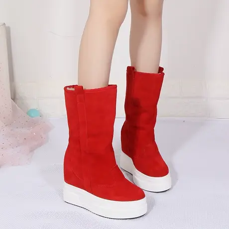 2023冬季内增高雪地靴女加绒加厚坡跟真皮中筒不过膝瘦瘦东北棉靴商品大图