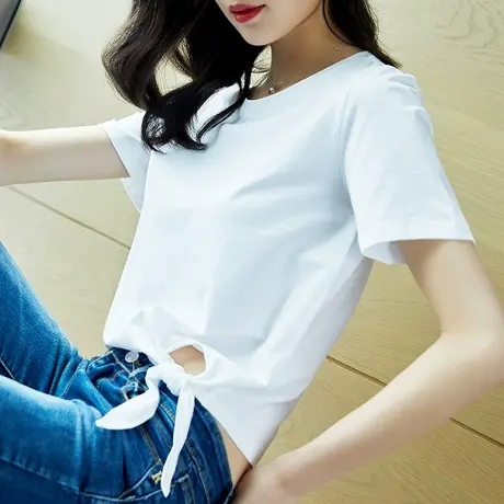 雀后2023夏装新品宽松短袖白T恤女绑带休闲上衣韩范打底百搭体恤商品大图