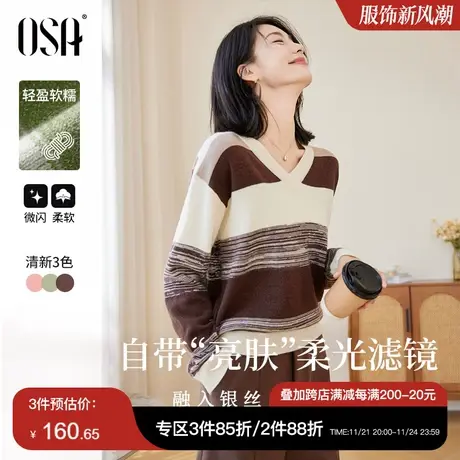 【香草云衫】欧莎草甸绿条纹上衣V领针织衫毛衣女春秋季2025新款商品大图