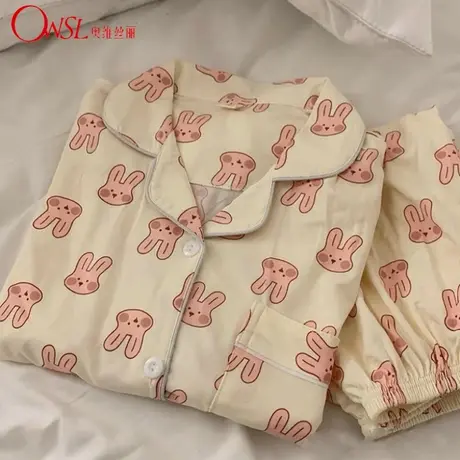 ins粉兔兔卡通睡衣女网红春秋季新款长袖棉休闲家居服商品大图