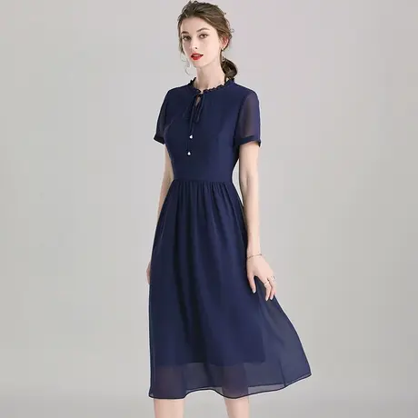 【1件7.9折】裙子新款夏天短袖柔软大摆裙简约收腰雪纺连衣裙商品大图