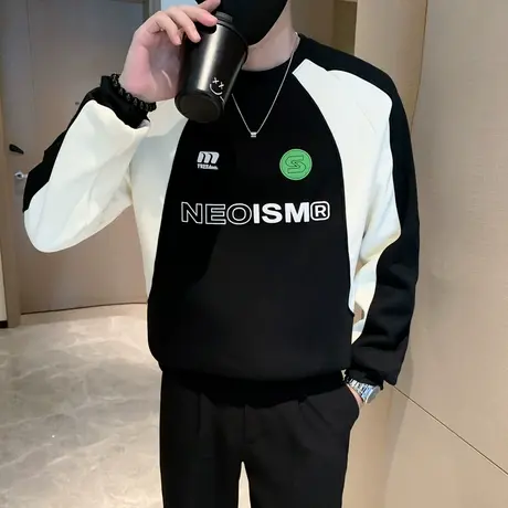 美式撞色拼接个性插肩袖字母印花卫衣秋冬新款加厚打底衫上衣T恤图片