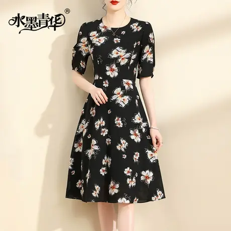 【1件7.9折】夏装新品百搭显瘦短袖a裙中长款修身双绉印花连衣裙图片