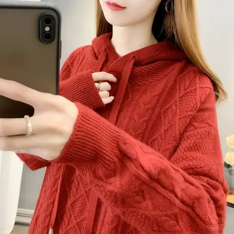 2023春装新款韩版宽松连帽衫纯色长袖红色百搭针织衫毛衣外套上衣商品大图