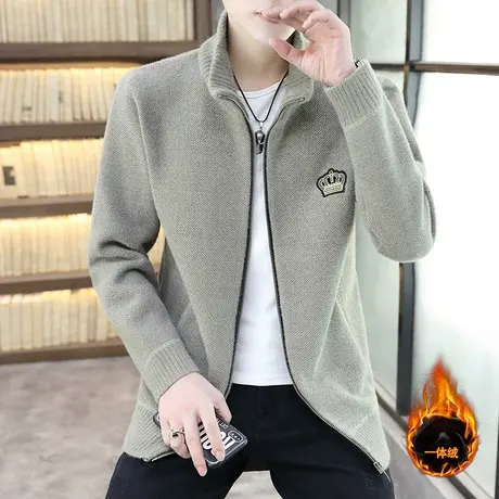 一体加绒加厚立领保暖开衫男士仿貂绒秋冬百搭休闲外套休闲外穿潮商品大图