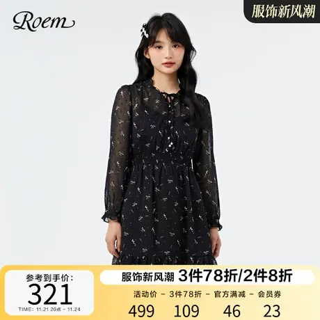 Roem春秋新品雪纺印花长袖碎花连衣裙黑色淑女气质优雅裙子女图片