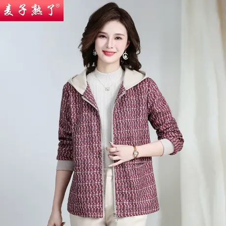 洋气妈妈秋装外套中长款中老年女连帽风衣休闲中年人格子夹克商品大图