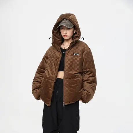 设计感格子连帽棉服女冬季加厚外套2023年新款复古宽松面包服棉衣商品大图