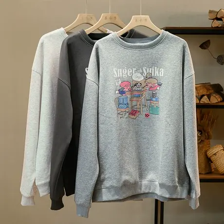 享永子棉质长袖T恤女休闲百搭上衣宽松显瘦印花套头衫2023新款秋图片