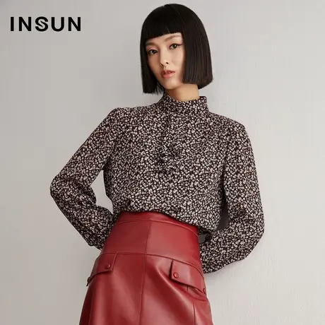 恩裳冬季半高领复古印花长袖衬衫感商品大图