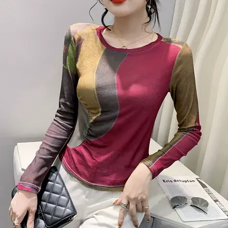 撞色印花T恤女长袖2024春秋新款气质减龄妈妈上衣内搭圆领打底衫商品大图