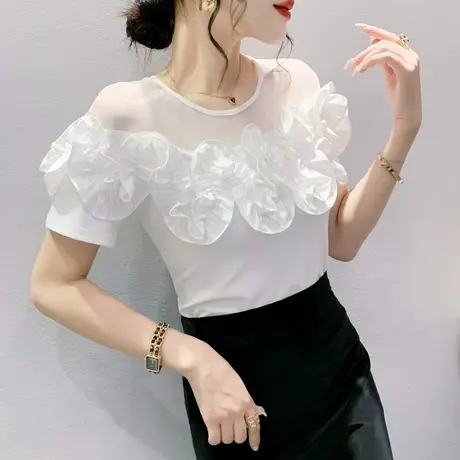 网纱拼接T恤女短袖2024夏新款性感修身小衫气质木耳边上衣设计感图片