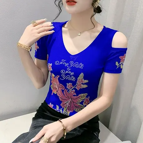 时尚烫钻V领T恤女短袖欧货性感网纱小衫洋气百搭露肩上衣修身半袖图片