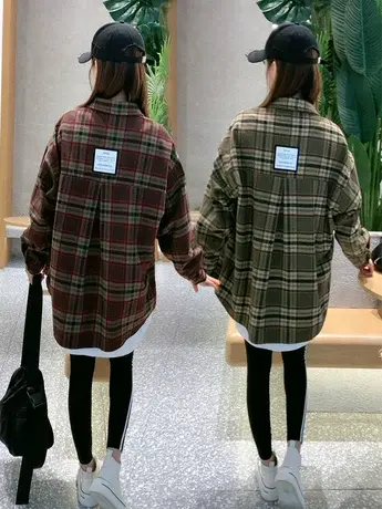 格子衬衫女长袖2023秋冬新款衬衣女装加厚休闲百搭女士打底衫上衣商品大图