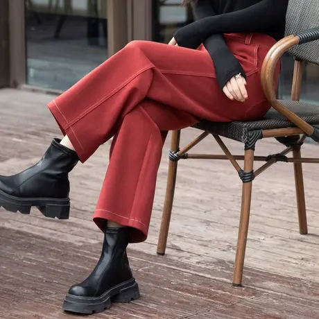 红色毛呢裤子女春秋季小个子2024新款爆款休闲高端欧货九分阔腿裤图片