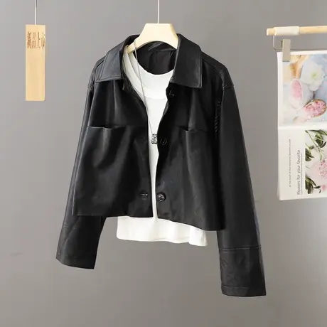 短款皮衣女外套2024春秋新款宽松棕色复古小个子百搭皮夹克短外套图片