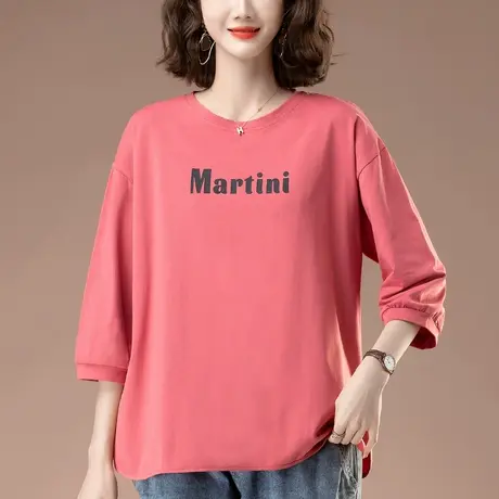 七分袖t恤女春夏季新款加肥加大码宽松中年妈妈休闲纯棉中袖上衣商品大图