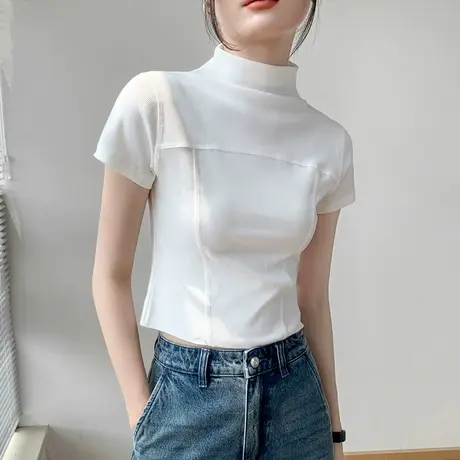 半高领短袖T恤女坑条设计感小众西装内搭上衣修身正肩纯色打底衫图片