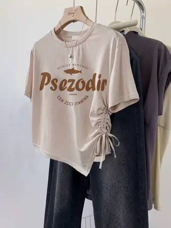 美式甜酷风chic复古短款T恤女夏显瘦不规则遮肚上衣潮ins抽绳短袖商品大图