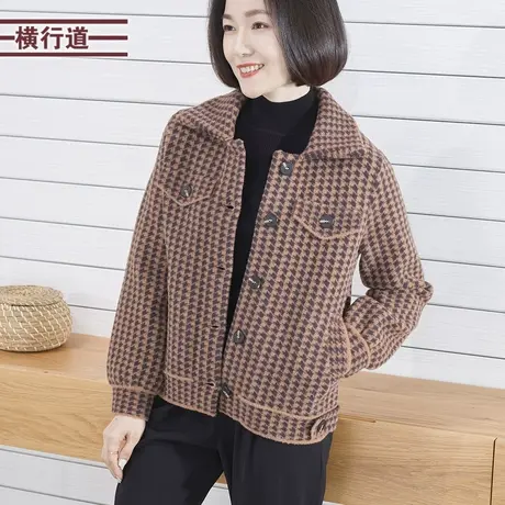 2025新款春装翻领千鸟格宽松加厚中年妈妈长袖外套大码外搭上衣女商品大图