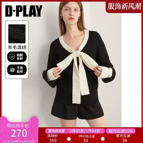DPLAY秋季学院风黑拼白撞色蝴蝶结系带氛围感加厚宽松套头毛衣图片