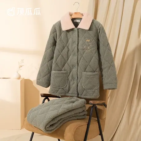顶瓜瓜秋冬睡衣女士2022年加厚开襟羊羔绒可爱家居服套装翻领商品大图