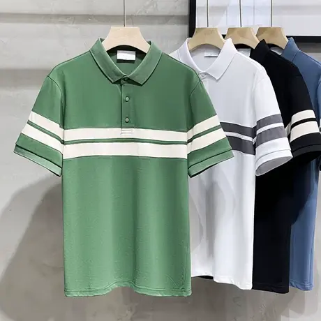 条纹短袖POLO衫男珠地棉2023新款夏季拼接翻领t恤休闲半袖男上衣商品大图