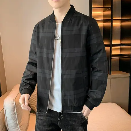棒球领夹克男士春秋款格子拉链外套男装春季防风飞行员棒球服男生商品大图